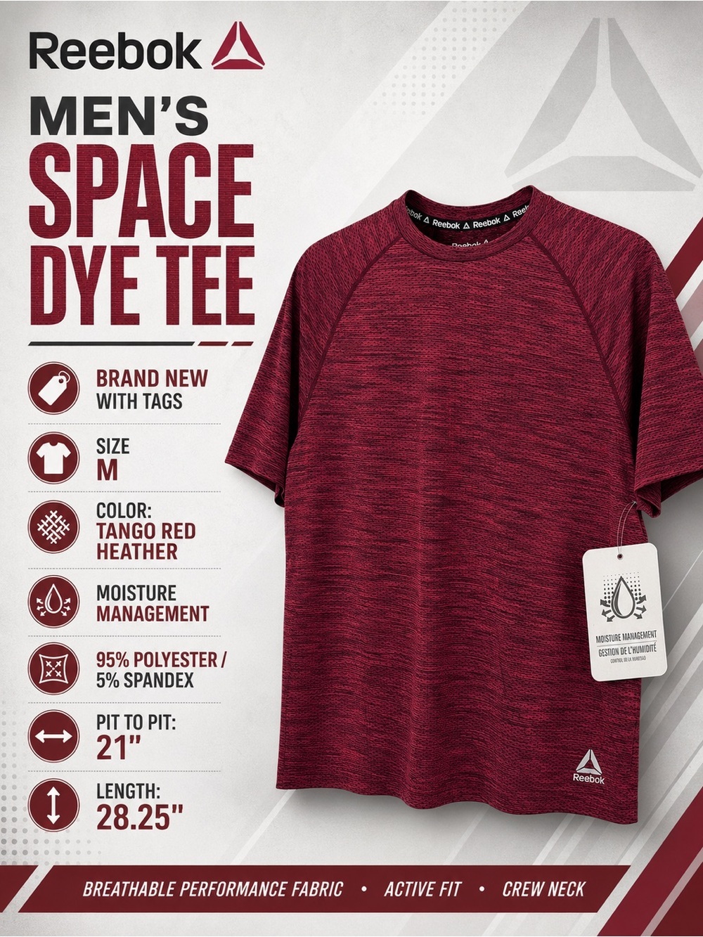 Reebok Men's Space Dye Performance T-Shirt M Red Heather Quick Dry Activewear - Picture 2 of 16